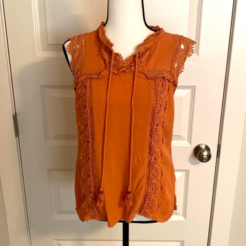 Pale Sky Elegant Orange (Burnt Sienna) Blouse with Lace Trim